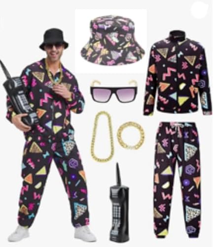 80er 90er Jahre Outfit Herren Damen, 7 Stück 80er Jahre Kostüm Trainingsanzug Hippie Faschingskostüme mit Jacke Hose Goldkette Hüte Armbänder Brille Aufblasbare Mobiltelefon für Karneval Disco Party von Occzin