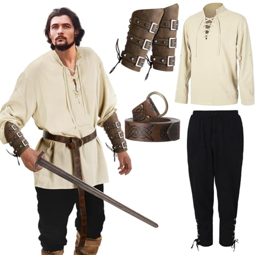 Herren Renaissance Kostüm 5PCS Mittelalter Retro Viking Langarm Shirts, Knöchel Gebänderte Hosen, PU Leder Schnalle Armschienen, Wikinger Gürtel Zubehör für Halloween Pirat Hippie Cosplay Party, M von Occzin