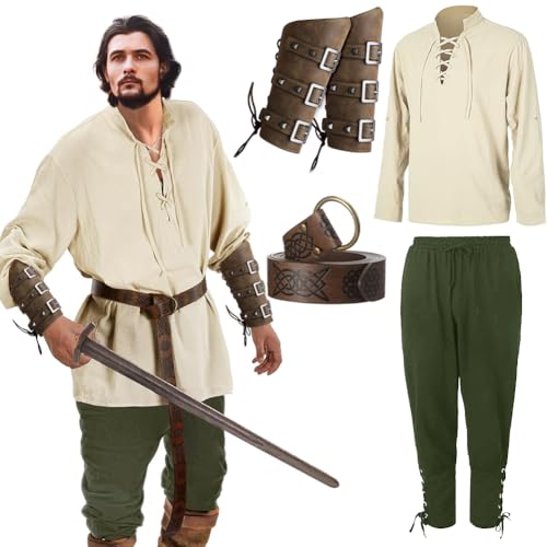 Herren Renaissance Kostüm 5PCS Mittelalter Retro Viking Langarm Shirts, Grün Knöchel Gebänderte Hosen, PU Leder Schnalle Armschienen, Wikinger Gürtel Zubehör für Halloween Pirat Hippie Cosplay Party von Occzin