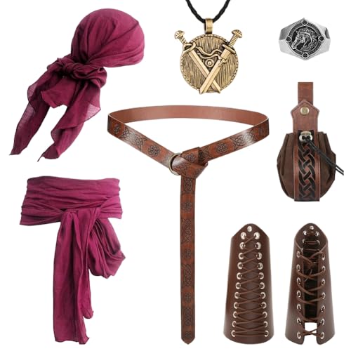 Occzin 8 Stück Piratenkostüm Zubehör Set Mittelalter Herren Piraten Verkleidung Accessories mit Kopfschal, Gürtel, Halskette, Handgelenkpflege, Ring für Cosplay Karneval Fasching Mottoparty von Occzin