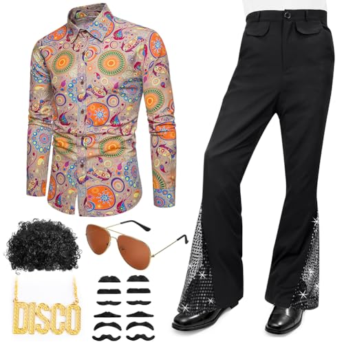 Occzin Herren 70er Retro Kostüm 17 Stück Disco Herren Kostüm Set, Herren Hippie 70er Jahre Hemd und Schlaghose mit Perücke Sonnenbrille Schnurrbart DISCO zeichen Kettenring Disco-Zubehör für Party(M) von Occzin