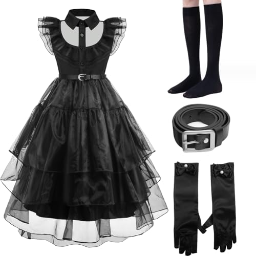 Occzin Wednesday Kostüm kinder 4er Pack Mädchen Wednesday Kostüm, Damen Wednesday mit Schwarz Midikleid, Gürtel, Socken, Handschuhe, Karneval Mädchen Kleid für 4-13 Jahre (130) von Occzin