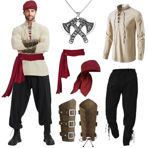 Piratenkostüm Herren 7 Stück Mittelalter Kleidung Herren Set, Herren Renaissance Kostüm Set mit Mittelalter Hose Herren Mittelalter Hemd Viking Piraten Kopftuch Gürtel Handgelenkgurt Axt-Halskette von Occzin