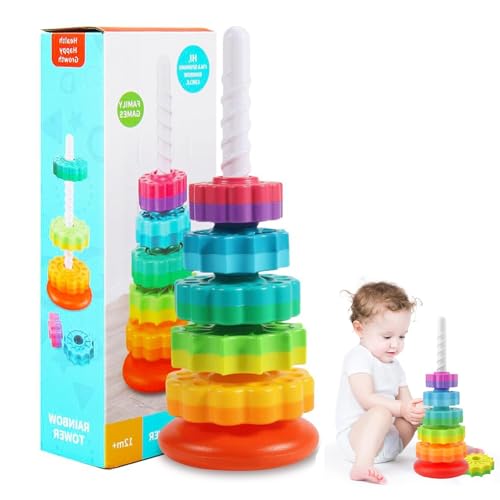 Ockyunoo Stapelspielzeug Regenbogenturm, Stapelspielzeug Regenbogen Turm, Stapelspiel Ab 1 Jahr, Spinning Stapelspielzeug Regenbogen Turm, Kinder Stapelbares Spinning Spielzeug, für Babys ab 1 Jahr von Ockyunoo