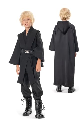 Oddfirm Kapuzenmantel Tunika Robe Cosplay Umhang mit Kapuze Mittelalter Krieger Ritter Uniform Schwarz Mantel Hose Gürtel Halloween Karneval Kostüm von Oddfirm