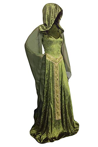 Oddfirm Mittelalter Kleid Damen Samt Kleid mit Kapuze Grün Vintage Gothic Kleid Renaissance Viktorianischen Kostüm Trompetenärmel Schnürung Lang kleid Halloween Outfits von Oddfirm