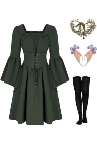 Oddfirm Mittelalter Kleid Trompetenärmel Vintage Gothic Renaissance Kostüm Langarm Schnürkleid mit Kopf Kette Blumenkranz Elfenohren Socken Halloween Karneval von Oddfirm