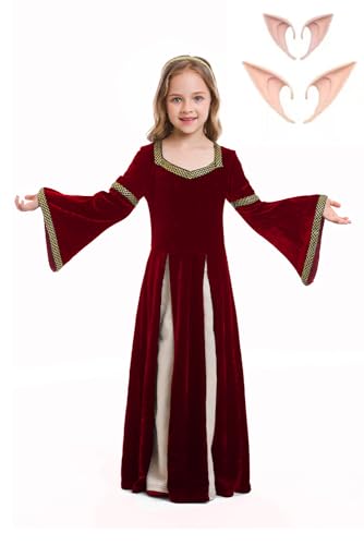 Oddfirm Mittelalter Kostüm Mädchen Mittelalterliche Prinzessin Kleid mit Elfenohren Renaissance Adels Palast Kleid Vintage Elfen Kostüm Halloween Cosplay Outfits von Oddfirm