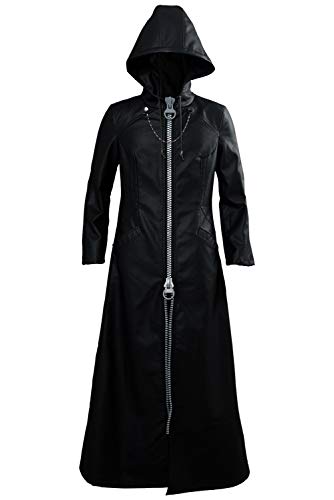 Oddfirm Schwarz Leder Mantel mit Kapuze Lange Lederjacke Herren Vintage Frack Steampunk Gothic Jacke mit Reißverschluss Halloween Karneval Cosplay Kostüm von Oddfirm