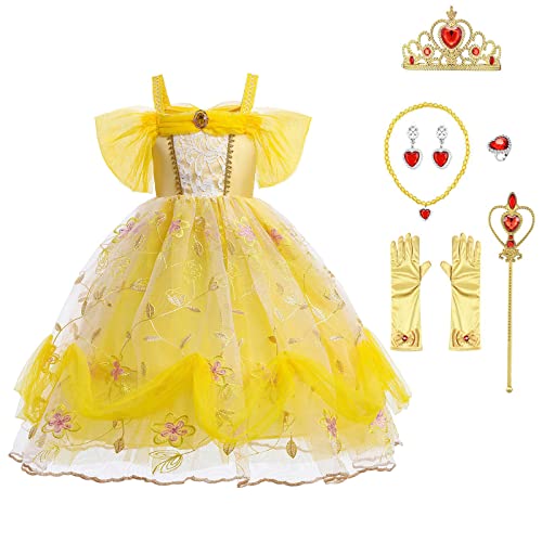 ODIZLI Belle Kostüm Mädchen Kinder Prinzessin Kleid Beauty and The Beast Verkleidung Verkleidungskiste Tüllkleid Lang Ballkleid Weihnachten Karneval Cosplay Faschingskostüme Gelb 7PCS 3-4 Jahre von Odizli