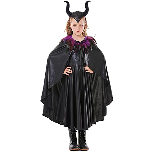 Odizli Halloween Kostüm Kinder Mädchen Maleficent Teufel Hexenkostüm Gestrickte Tüllkleid Festkleid Engelsflügel Hörner Teufelshörner Karneval Party Cosplay Faschingskostüme Schwarz Lila 5-7 Jahre von Odizli