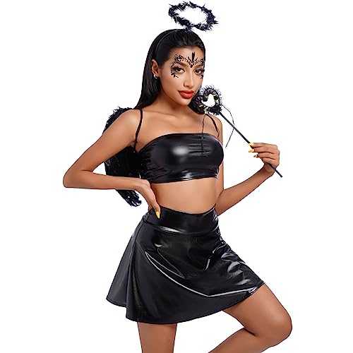 Odizli Halloween Kostüm Damen Erwachsene Teufel Engel Cosplay Metallic Crop Top + Rock + Engelsflügel Flügel + Heiligenschein Stirnband + Zauberstab Karneval Fasching Faschingskostüme Schwarz#A XL von Odizli