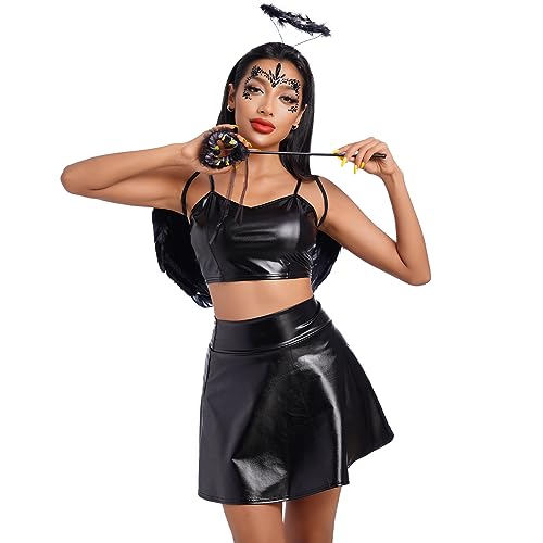 Odizli Halloween Kostüm Damen Erwachsene Teufel Engel Cosplay Metallic Crop Top + Rock + Engelsflügel Flügel + Heiligenschein Stirnband + Zauberstab Karneval Fasching Faschingskostüme Schwarz#B XL von Odizli