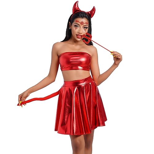 Odizli Halloween Kostüm Damen Erwachsene Teufel Vampir Cosplay Metallic Crop Top + Rock + Teufelshörner Haarreif + Magie Dreizack + Schwanz Weihnachten Karneval Fasching Faschingskostüme Rot#A L von Odizli