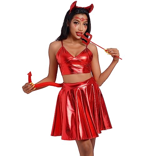 Odizli Halloween Kostüm Damen Erwachsene Teufel Vampir Cosplay Metallic Crop Top + Rock + Teufelshörner Haarreif + Magie Dreizack + Schwanz Weihnachten Karneval Fasching Faschingskostüme Rot#B L von Odizli