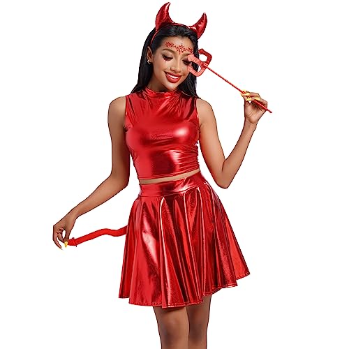 Odizli Halloween Kostüm Damen Erwachsene Teufel Vampir Cosplay Metallic Crop Top + Rock + Teufelshörner Haarreif + Magie Dreizack + Schwanz Weihnachten Karneval Fasching Faschingskostüme Rot#C L von Odizli