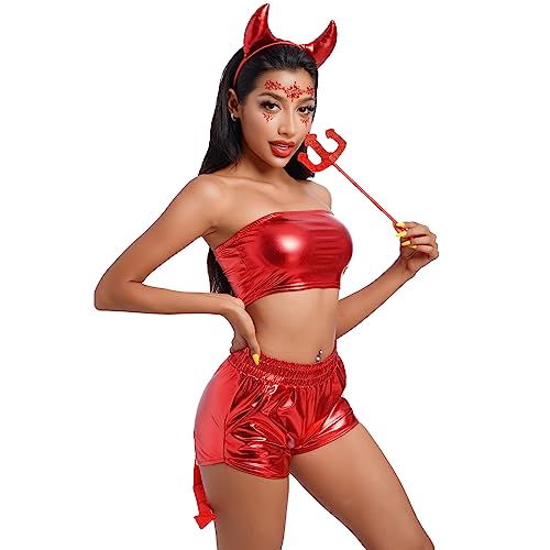 Odizli Halloween Kostüm Damen Erwachsene Teufel Vampir Cosplay Metallic Crop Top + Short + Teufelshörner Haarreif + Magie Dreizack + Schwanz Weihnachten Karneval Fasching Faschingskostüme Rot#D L von Odizli