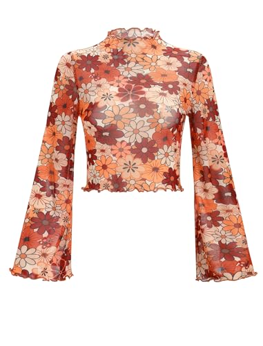 Odizli Mesh Oberteil Damen Langarm Durchsichtiges Transparentes 60er 70er 80er Jahre Flower Power Hippie Kleidung Frauen Schlager Disco Party Festival Outfit Karneval Kostüm Faschingskostüme Orange S von Odizli