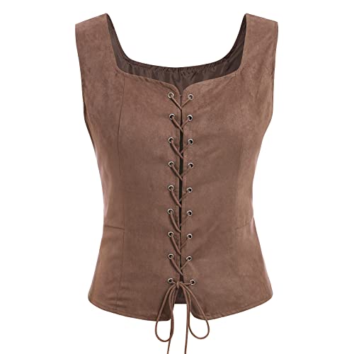 Odizli Mittelalter Kleidung Damen Sommer Ärmellos Weste Wikinger Gothic Steampunk Renaissance Viktorianische Pirat Kostüm Piratenkostüm Halloween Karneval Cosplay Faschingskostüme Braun Frauen L von Odizli