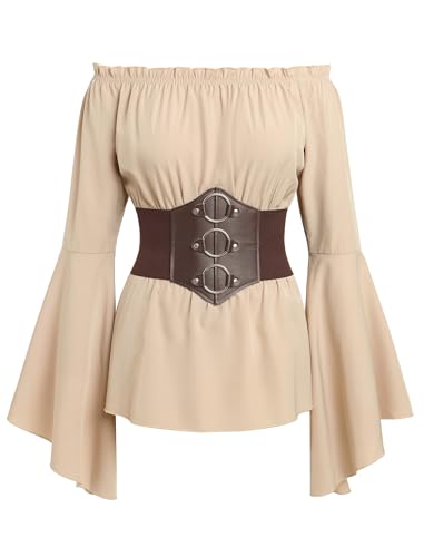 Odizli Piratenkostüm Damen Gothic Steampunk Mittelalter Bluse Korsett Oberteil Piraten Piratenbluse Off Shoulder Langarm Viktorianisches Wikinger Kostüm Halloween Karneval Faschingskostüme Beige XL von Odizli