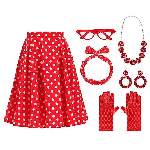 Odizli Rockabilly Accessoires Damen Vintage Retro 50er 60er Jahre Polka Dot Gepunktet Petticoat Rock Chiffon Schal Stirnband Gläser Ohrringe Handschuhe Outfit Karneval Faschingskostüme Rot-A L von Odizli