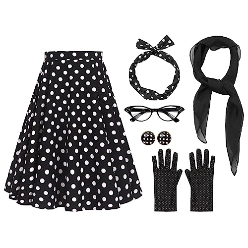 Odizli Rockabilly Accessoires Damen Vintage Retro 50er 60er Jahre Polka Dot Gepunktet Petticoat Rock Chiffon Schal Stirnband Gläser Ohrringe Handschuhe Outfit Karneval Faschingskostüme Schwarz-B XXL von Odizli