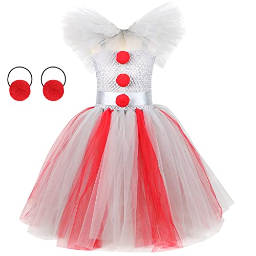 Pennywise Es Kostüm Kinder Kleinkinder Mädchen Horror Clown Killer Verkleidung Costume Tutu Tüllkleid mit Haarreifen Outfit Halloween Weihnachten Karneval Geburtstagsfeier Cosplay Rot-lang 8-9 Jahre von Odizli