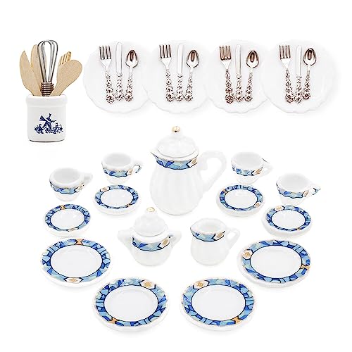 Odoria 1/12 Miniatur Teeservice Set Teller und Besteck Kuechenutensilien Puppenhaus Geschirr Zubehör, Mittelmeer Blau von Odoria
