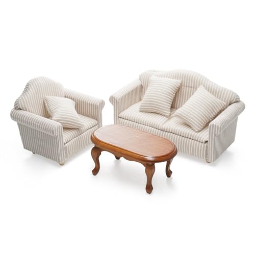 Odoria 1/12 Miniatur Puppenhaus Tisch Couchtisch Braun und Sessel Sofa Set Miniaturen Couch Gestreift Puppenstube Möbel Zubehör von Odoria