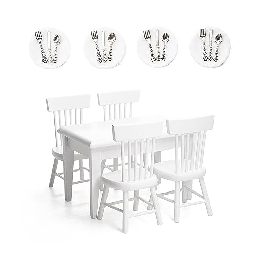 Odoria 1/12 Miniatur Tisch und Stühle Teller und Besteck Puppenhaus Küchenmöbel Zubehör, Weiß von Odoria