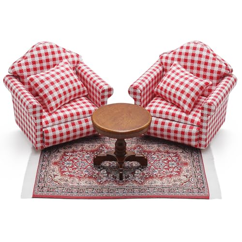 Odoria Puppenhaus Beistelltisch Miniatur Sessel: 4Stk 1/12 Maßstab Sofa Teppich Braun Couchtisch für Vintage Antik Wohnzimmer Büro Schlafzimmer Landhaus - Mini Möbel Holz mit Teppichboden Rot von Odoria