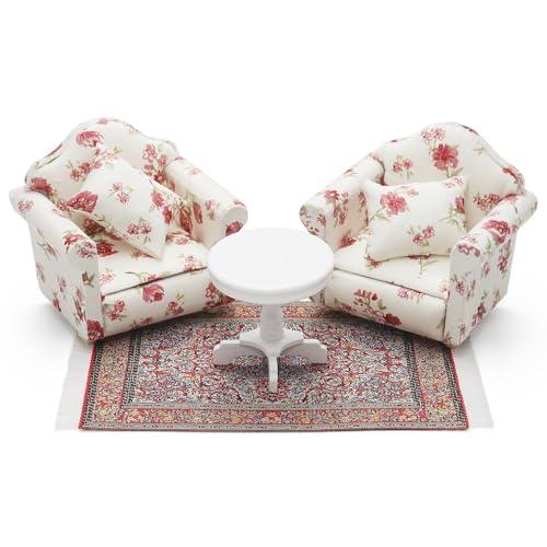 Odoria Puppenhaus Beistelltisch Miniatur Sessel: 4Stk 1/12 Maßstab Weiß Sofa Teppich Couchtisch für Vintage Antik Wohnzimmer Büro Schlafzimmer Retro - Mini Möbel Holz mit Teppichboden Rot Odoria Puppenhaus Beistelltisch Miniatur Sessel: 4Stk 1/12 Maßstab Weiß Sofa Teppich Couchtisch für Vintage Antik Wohnzimmer Büro Schlafzimmer Retro - Mini Möbel Holz mit Teppichboden Rot von Odoria