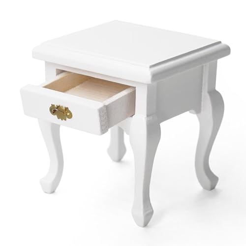 Odoria Puppenhaus Beistelltisch Nachttisch Miniatur: 1/12 Maßstab Nachtkommoden für Wohnzimmer Schlafzimmer Landhaus - Mini Möbel Holz mit Schublade Weiß von Odoria