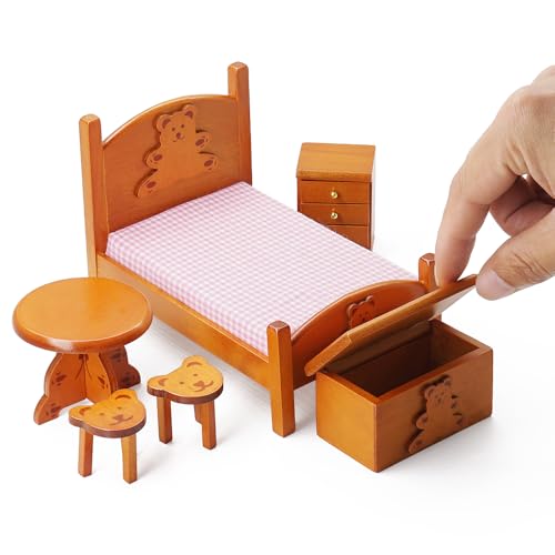 Odoria Puppenhaus Bett Miniatur Schlafzimmer: 1/12 Maßstab Puppenbett mit Bettwäsche Niedlich Nachttisch Truhe Kiste - Mini Tisch Stühle Aufbewahrungs Möbel Holz Braun 6Stk von Odoria