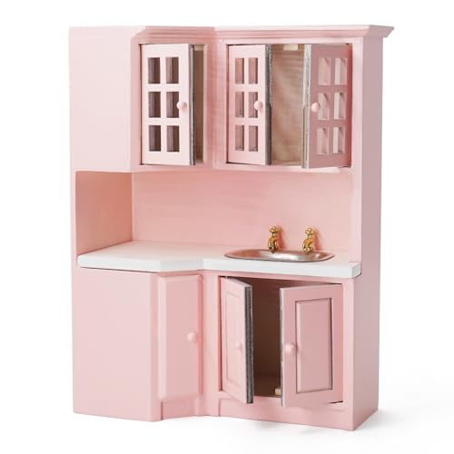 Odoria Puppenhaus Küche Schrank Miniatur: 1/12 Maßstab Küchenspüle für Wichtel Modern Restaurant - Mini Kochen Möbel mit Spülbecken Holz Rosa von Odoria