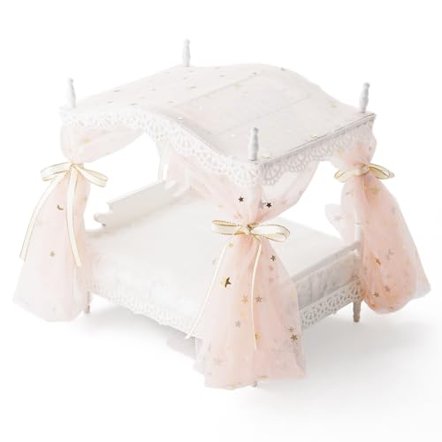 Odoria Puppenhaus Prinzessin Bett Miniatur: 1/12 Maßstab Puppenbett Rosa Luxuriös für 15cm Puppe Schlafzimmer - Mini Himmelbett Möbel Holz mit Betthimmel von Odoria