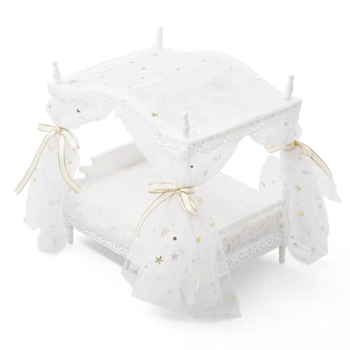 Odoria Puppenhaus Prinzessin Bett Miniatur: 1/12 Maßstab Puppenbett Weiß Luxuriös für 15cm Puppe Schlafzimmer - Mini Himmelbett Möbel Holz mit Betthimmel von Odoria