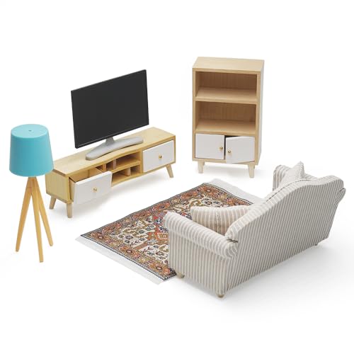 Odoria Puppenhaus Wohnzimmer Miniatur Möbel: 6Stk 1/12 Maßstab TV Fernseher Schrank Couch Teppich für Schlafzimmer Modern - Mini Sofa Fernsehtisch Bücherregal Holz mit Teppichboden Stehlampe von Odoria