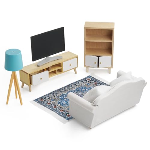 Odoria Puppenhaus Wohnzimmer Miniatur Möbel: 6Stk 1/12 Maßstab TV Fernseher Schrank Couch Teppich für Schlafzimmer Modern - Mini Weiß Sofa Fernsehtisch Bücherregal Holz mit Teppichboden Stehlampe von Odoria