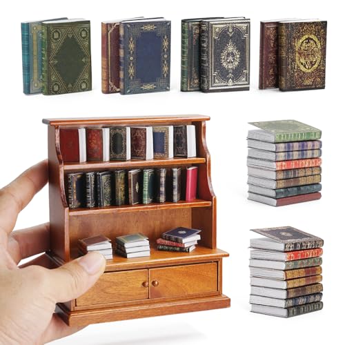 Odoria Wichtel Zubehör Miniatur Bücherregal: 49Stk 1/12 Maßstab Puppenhaus Buch Regal Vintage Für Schule Bibliothek Büro Viktorianisch - Mini Wohnzimmer Möbel Braun Holz Antik Retro DIY von Odoria