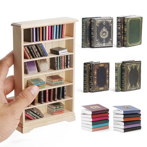 Odoria Wichtel Zubehör Miniatur Bücherregal: 73Stk 1/12 Maßstab Puppenhaus Papier Buch Regal Vintage Für Bibliothek Schule Büro Viktorianisch - Mini Wohnzimmer Möbel Braun Holz Antik Retro DIY von Odoria