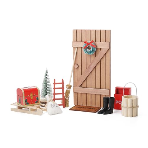 Odoria Wichteltür Zubehör Miniatur Schlitten: 1/12 Maßstab Wichtel Schuhe Leiter Briefkasten Fußmatte Weihnachten Kranz für Fee Garten Puppenhaus - Mini Werkzeug Weihnachtsbaum Hexenbesen Holz DIY von Odoria