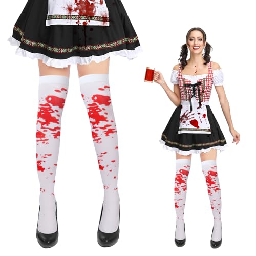 Oemmn 2 Paar Halloween Blutige Strümpfe Halloween Blut Socken Damen Kniestrümpfe mit Blutspritzern Horror Cosplay Socken Erwachsene Blutbefleckte Oberschenkelstrümpfe Karneval Krankenschwester Kostüm von Oemmn