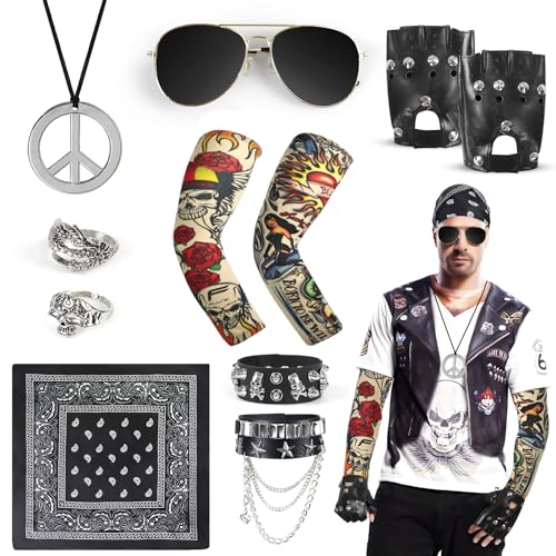 11pcs Rock Heavy Metal Accessories, Gothic Rocker Costume with Fake Tattoo Sleeves Covers Bandana Sunglasses Necklaces Bracelet Rings Gloves Punk Accessories for Men Women Kids 80s Party Cosplay von Oerphh