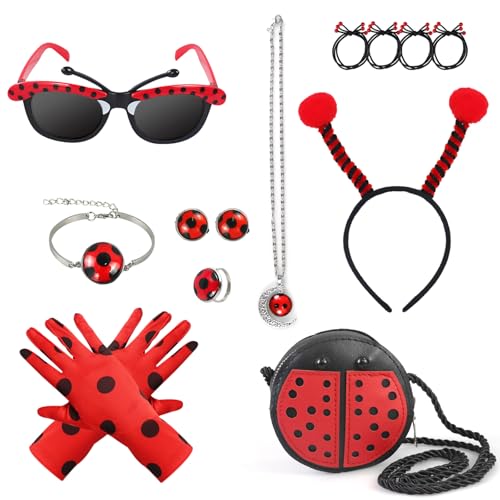 14 Stück Marienkäfer Kostüm Ladybug Kostüm Zubehör Set mit Haarbänder,Brillen,Halskette,Armband,Ohrring,Ringe,Handschuh,Tasche,Haarseil,Marienkäfer Cosplay Kinder für Fasching Halloween Karneval von Oerphh