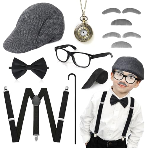 Oerphh Herren Gatsby Kostüm für Kinder & Erwachsene - 1920er Jahre Zubehör mit Hut, Fliege, Taschenuhr, Brille, Bart & Krücke - Cosplay Verkleiden für Vintage-Enthusiasten & Halloween von Oerphh