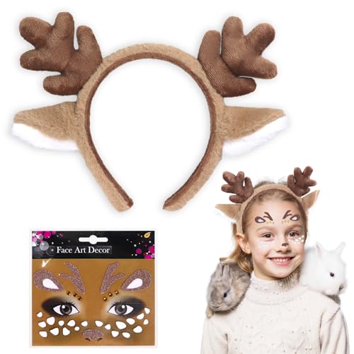 Plüsch Geweih Haarreif mit Ohren 1 Rentier Haarreif Reh Kostüm Damen mit 1 Rentier Gesicht Aufkleber Rentier Haarreif Weihnachts Accessoires für Weihnachten Karneval Cosplay Party Mottoparty von Oerphh