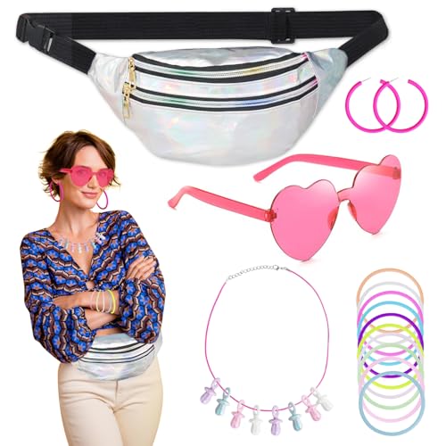 23 Stück 90er Jahre Accessoires, 80 Jahre Kostüm Zubehör für Damen mit Bauchtasche Damen Herzbrille Rosa Ohrringe Armband DIY-Halskette, 80er Jahre Kleidung Damen Set für Karneval Neon Party(Silbrig) von Oerphh