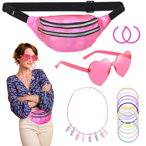 23 Stück 90er Jahre Accessoires, 80 Jahre Kostüm Zubehör für Damen mit Bauchtasche Damen Herzbrille Rosa Ohrringe Armband DIY-Halskette, 80er Jahre Kleidung Damen Set für Karneval Neon Party (Rosa) von Oerphh