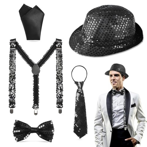 5 Stück Disco Glitzer Accessoires Herren Pailletten Hosenträger Kostüm Set mit Glitzer Hut Fliege Krawatte Hosenträger Einstecktuch,Glitzer Outfit Accessoires Herren für Karneval Fasching Jazz Dance von Oerphh